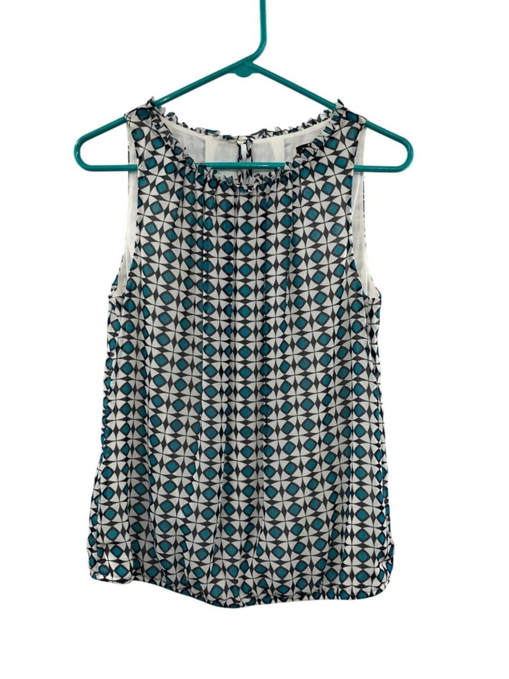 Ann Taylor Womens S Geometric Print Sleeveless Blouse Teal Navy Lined Top Used
